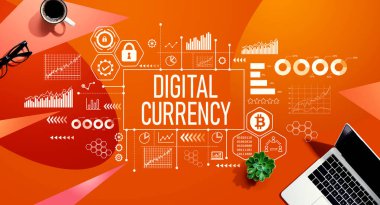Digital currency theme with a laptop computer on a orange pattern background
