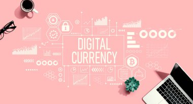 Digital currency theme with a laptop computer on a pink background