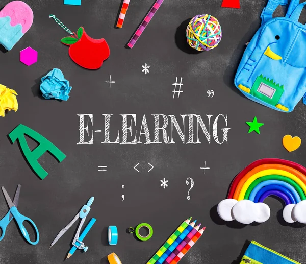 Learning Theme School Supplies Chalkboard Flat Lay —  Fotos de Stock