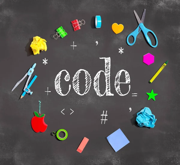 Learn Code Theme School Supplies Chalkboard Flat Lay — Stock Photo, Image