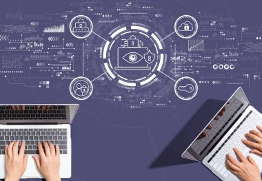 Data Privacy concept with people working together with laptop computers