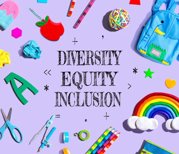 Diversity Equity Inclusion Theme School Supplies Purple Background Flat Lay — Stok fotoğraf