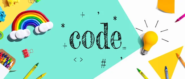 Learn to Code theme with school supplies overhead view - flat lay