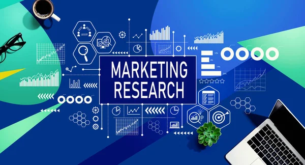Marketing Research Theme Laptop Computer Blue Green Pattern Background — Stock Fotó