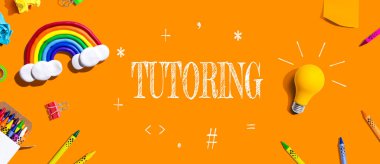 Tutoring theme with school supplies overhead view - flat lay