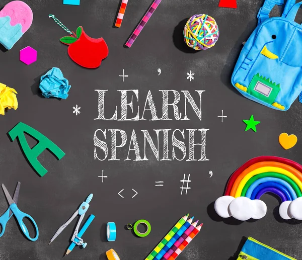 Learn Spanish Theme School Supplies Chalkboard Flat Lay — Foto de Stock