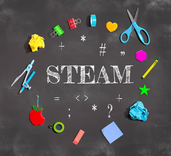 Тема Steam Школьными Принадлежностями Доске Плоский Уголок — стоковое фото