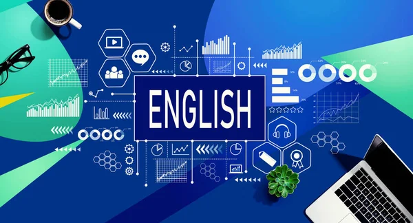 Learning English concept with a laptop computer on a blue and green pattern background