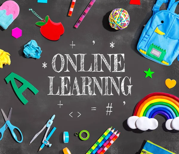 Online Learning Theme School Supplies Chalkboard Flat Lay — Stok fotoğraf