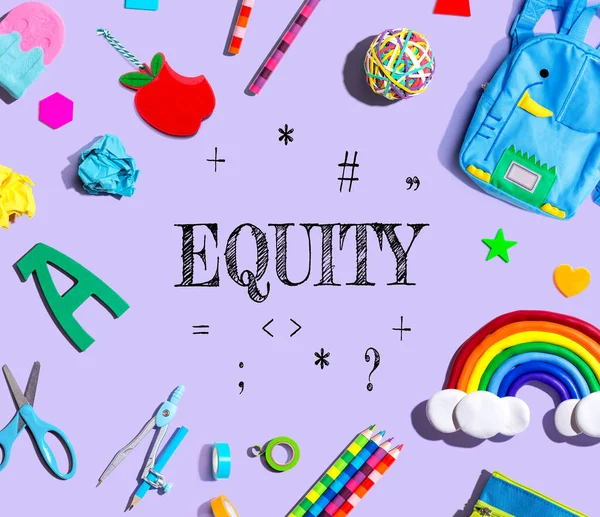 Equity Theme School Supplies Purple Background Flat Lay — Stok fotoğraf