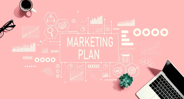 Marketing Plan Theme Laptop Computer Pink Background — Zdjęcie stockowe