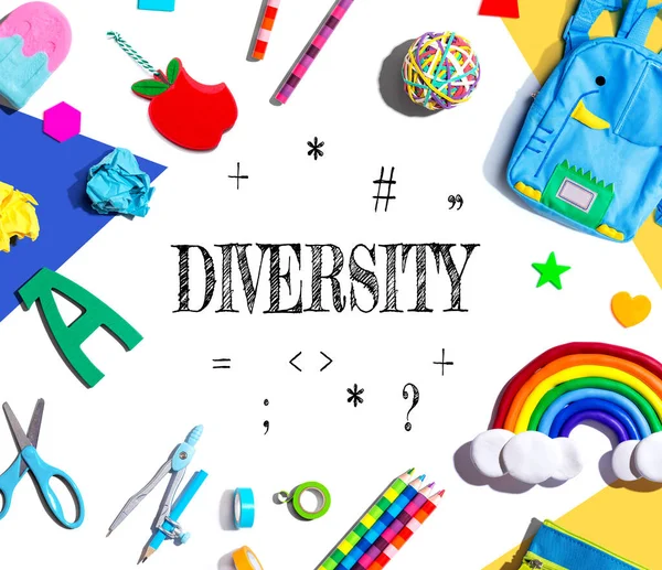 Diversity theme with school supplies overhead view - flat lay