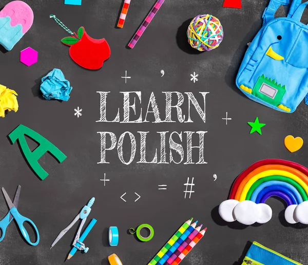 Learn Polish Theme School Supplies Chalkboard Flat Lay — Stok fotoğraf