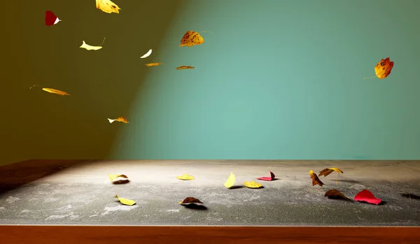 Autumn Leaves Concrete Table Render —  Fotos de Stock