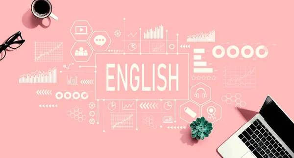 Learning English Concept Laptop Computer Pink Background — 图库照片