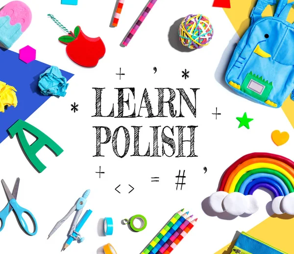 Learn Polish Theme School Supplies Overhead View Flat Lay — Stok fotoğraf
