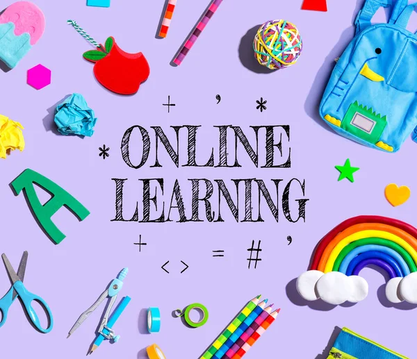 Online Learning Theme School Supplies Purple Background Flat Lay — Stok fotoğraf
