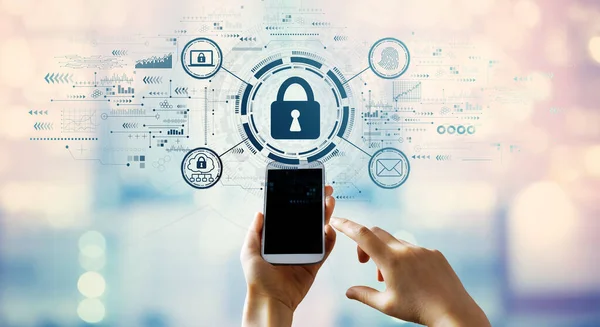 Internet Network Security Concept Hand Pressing Smartphone Screen — Stok fotoğraf
