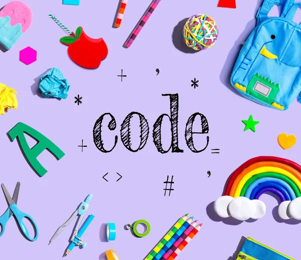 Learn Code Theme School Supplies Purple Background Flat Lay — Stockfoto