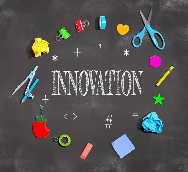 Innovation Theme School Supplies Chalkboard Flat Lay — Zdjęcie stockowe