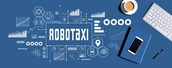 Тема Robotaxi Клавиатурой Компьютера Канцелярскими Принадлежностями — стоковое фото