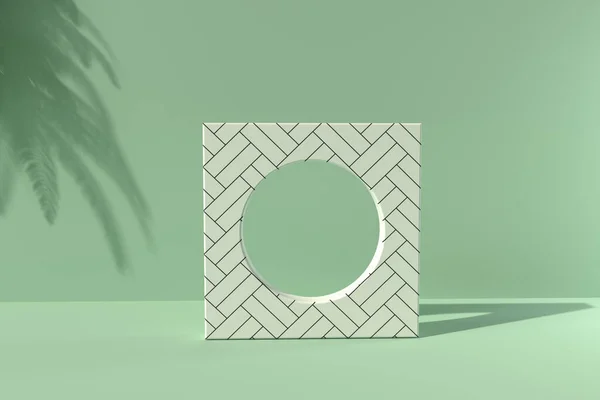 Abstract 3D render of minimal geometric frame shape with shadow of the tropical plants