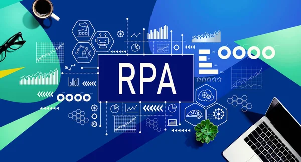Robotic Process Automation RPA theme with a laptop computer on a blue and green pattern background