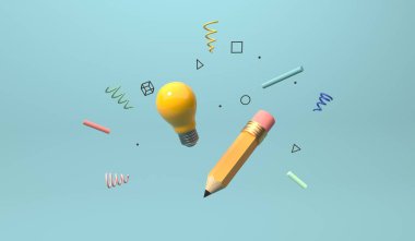 Eğitim ve okul teması bir ampul ve bir kurşun kalemle - 3D render