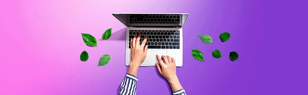 Persoon Met Behulp Van Een Laptop Computer Met Groene Bladeren — Stockfoto