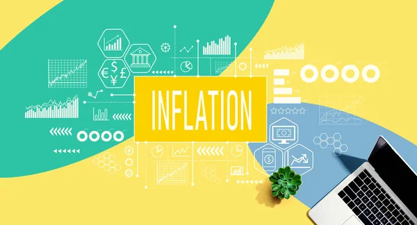 Temat Inflacji Laptopem Tle Żółtego Zielonego Niebieskiego Wzoru — Zdjęcie stockowe