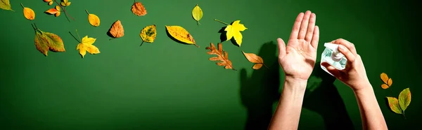 Aplicação Gel Desinfetante Com Folhas Outono Conceito Saúde Higiene — Fotografia de Stock