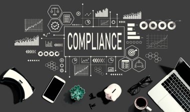 Compliance theme with electronic gadgets and office supplies - flat lay