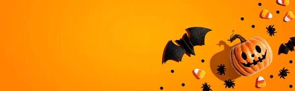 Halloween Pumpkin Ghost Bat Spiders Flat Lay — Stock Photo, Image