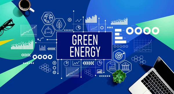 緑と青のパターンの背景にノートパソコンと緑のエネルギーの概念 — ストック写真