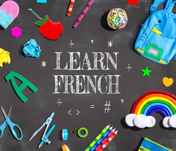 Вивчайте Французьку Мову Шкільними Запасами Дошці — стокове фото