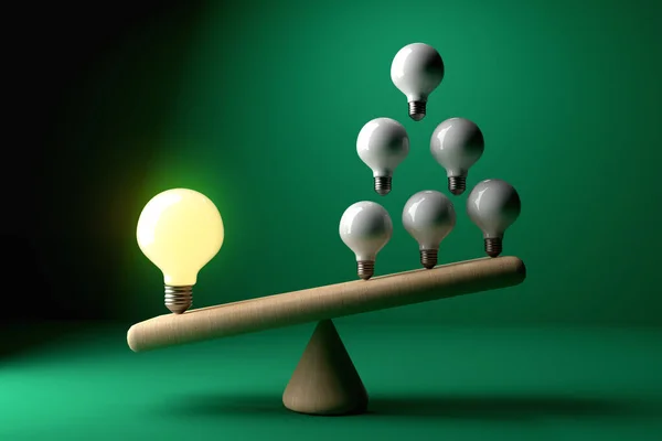 One big idea versus many small ideas with light bulbs - 3D render