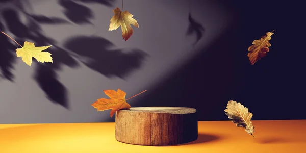 Autumn Leaves Wooden Podium Render — Zdjęcie stockowe