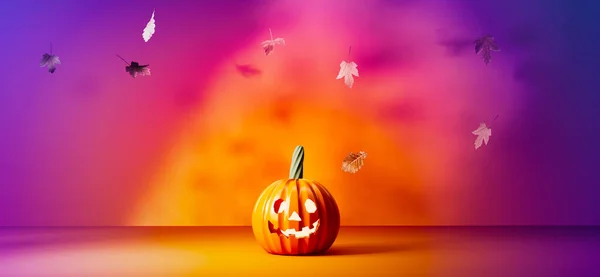 Halloween Sütőtök Szellem Lehulló Levelek Render — Stock Fotó