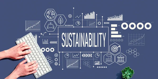 Sustainability theme with person using a computer keyboard