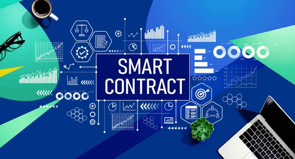 Smart contract theme with a laptop computer on a blue and green pattern background