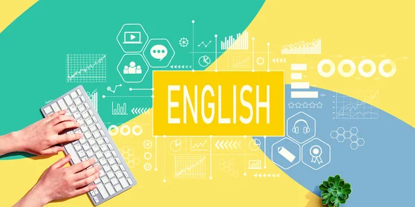 Learning English Concept Person Using Computer Keyboard — стоковое фото