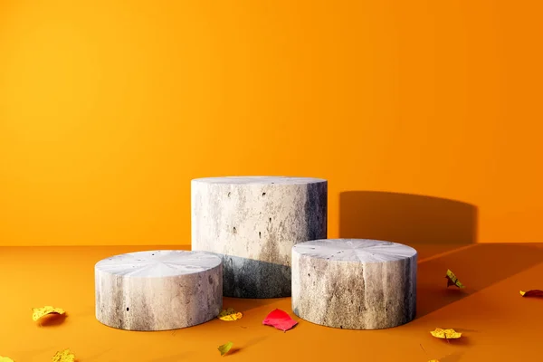 石の表彰台と秋の葉 3Dレンダリング — ストック写真