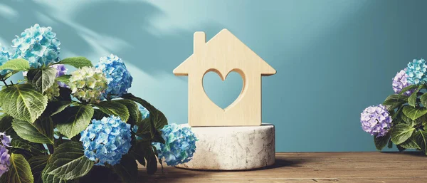 Miniatur Blockhaus Aus Holz Mit Hortensienblumen Render — Stockfoto