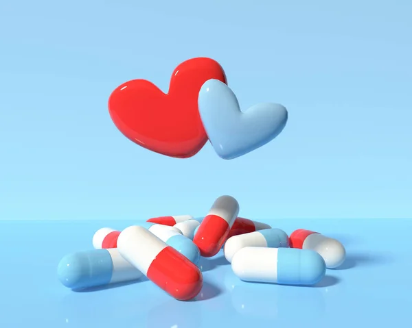 Cápsulas Medicina Farmacêutica Com Corações Tema Cuidados Saúde Renderização — Fotografia de Stock