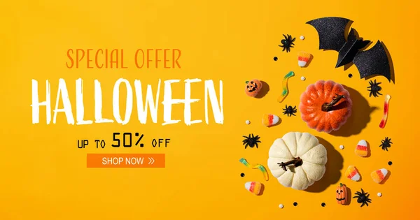 Halloween Försäljning Banner Med Halloween Dekorationer Platt Låg — Stockfoto