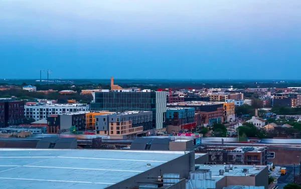 Luchtfoto Van Het Centrum Austin Texas Gebouwen Bij Zonsondergang — Stockfoto