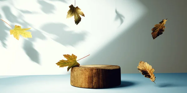 Autumn Leaves Wooden Podium Render — Stock Photo, Image