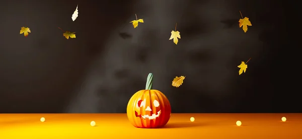 Halloween Dýně Duch Padajícími Listy Vykreslení — Stock fotografie