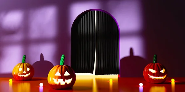 Halloween Pumpkin Ghosts Curtain Entrance Render — Stock Photo, Image