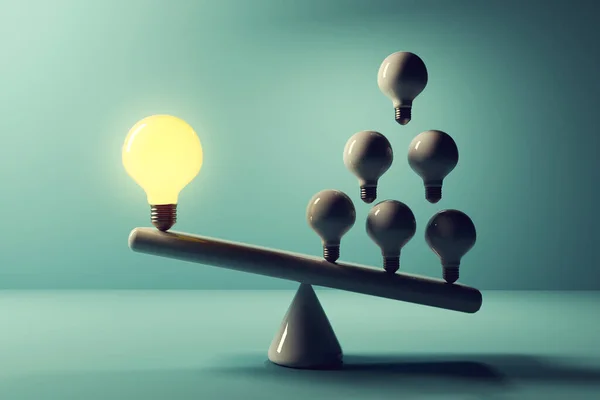 Many ideas versus one big idea with light bulbs - 3D render